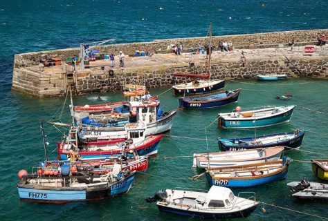 Fishing boats in the harbour at Coverack, Lizard Peninsula, Cornwall, England, UK