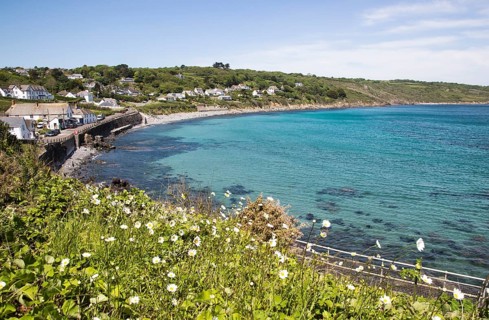 Coastal landscape bay and village houses, Coverack, Lizard Peninsula, Cornwall, England, UK