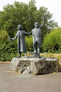 Statues commemorating peasant uprising of 1497, St Keverne, Lizard Peninsula, Cornwall, England, UK