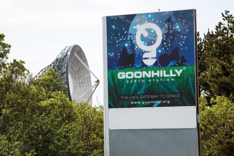Goonhilly Earth station sign, Lizard peninsula, Cornwall, England, UK, with 'Arthur' the world's