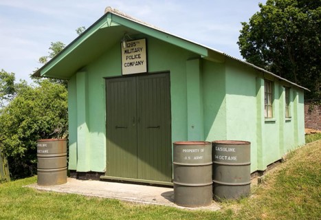Military Police building and gasoline drums, USA Air Force 95th Bomb Squadron museum, Horham,