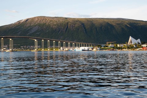 Tromso Bridge, cantilever road bridge and Arctic cathedral, city of Tromso, Norway, Europe