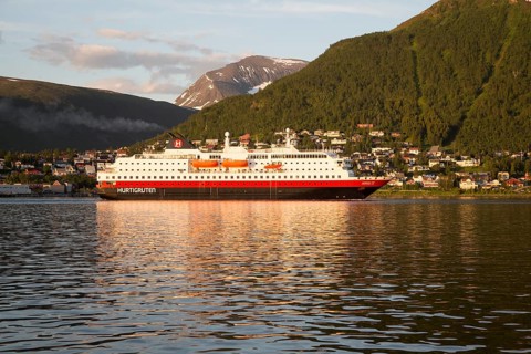 Hurtigruten ferry ship Nordlys approaching Tromso, Norway, Europe