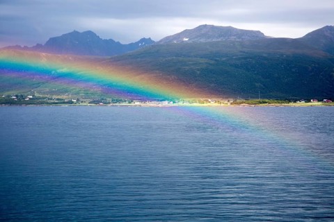 Rainbow over sea near Stokmarknes, Hadsel municipality, Hadseloya island, Nordland, Vesteralen
