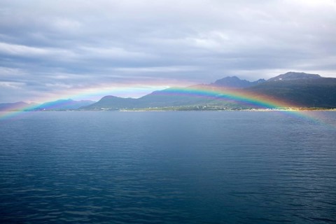 Rainbow over sea near Stokmarknes, Hadsel municipality, Hadseloya island, Nordland, Vesteralen