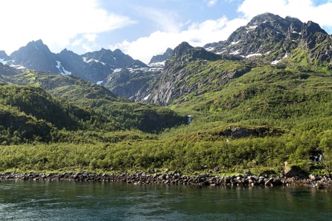 Jagged mountain peaks Raftsundet strait, Lofoten Islands, Nordland, northern Norway