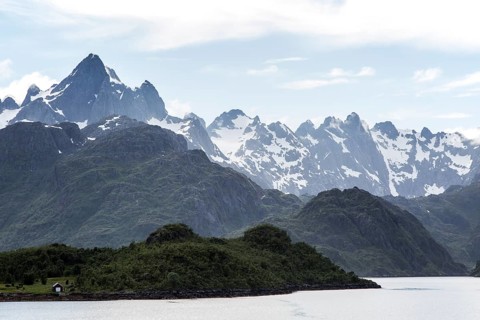 Jagged mountain peaks Raftsundet strait, Lofoten Islands, Nordland, northern Norway