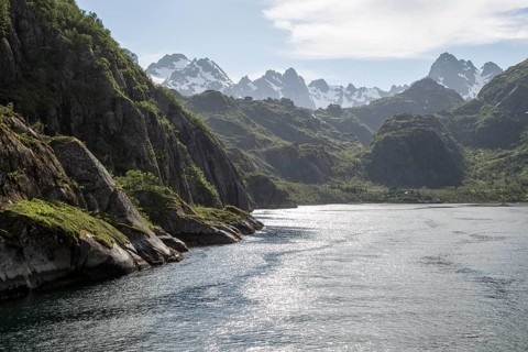 Steep sided glacial trough fiord of Trollfjorden, Lofoten Islands, Nordland, northern, Norway,