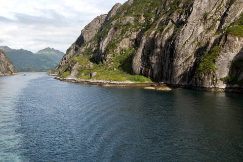 Steep sided glacial trough fiord of Trollfjorden, Lofoten Islands, Nordland, northern, Norway,