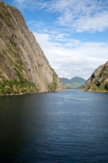 Steep sided glacial trough fiord, Trollfjorden, Lofoten Islands, Nordland, northern, Norway, Europe