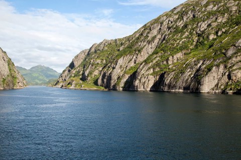 Steep sided glacial trough fiord of Trollfjorden, Lofoten Islands, Nordland, northern, Norway,