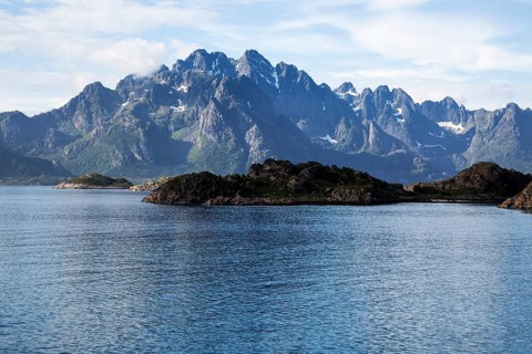 Jagged mountain peaks Raftsundet strait, Lofoten Islands, Nordland, northern Norway