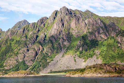 Steep sided glacial fiord valley side, Raftsundet strait, Nordland, northern Norway