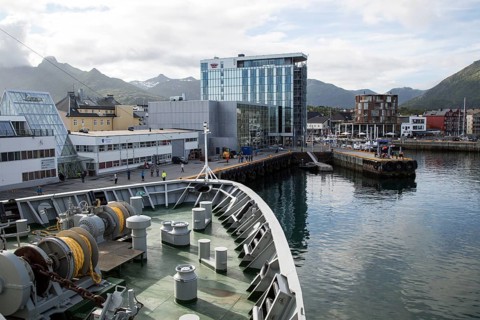 Hurtigruten ferry ship arriving at Svolvaer, Lofoten Islands, Nordland, Norway, Europe