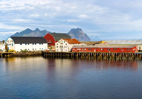 Fish processing buildings at Svolvaer, Lofoten Islands, Nordland, Norway, Europe