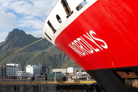 Nordlys Hurtigruten ferry ship at Svolvaer, Lofoten Islands, Nordland, Norway, Europe