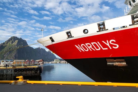 Nordlys Hurtigruten ferry ship at Svolvaer, Lofoten Islands, Nordland, Norway, Europe