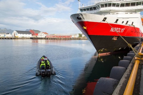 Nordlys Hurtigruten ferry ship at Svolvaer, Lofoten Islands, Nordland, Norway -adventure expedition