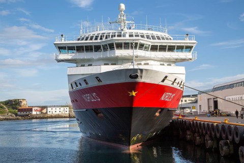 Nordlys Hurtigruten ferry ship at Svolvaer, Lofoten Islands, Nordland, Norway, Europe