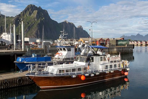 Boats in harbour at Svolvaer, Lofoten Islands, Nordland, Norway, Europe