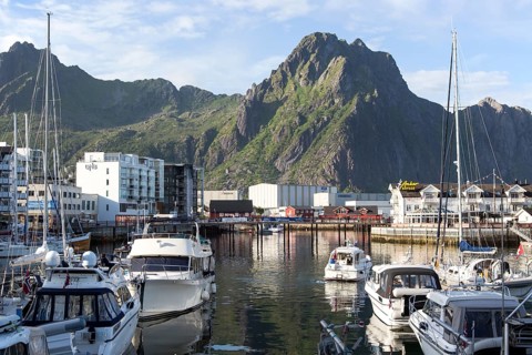 Boats in harbour at Svolvaer, Lofoten Islands, Nordland, Norway, Europe