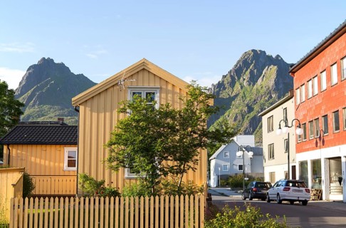 Traditional architecture wooden house, Svolvaer, Lofoten Islands, Nordland, Norway, Europe