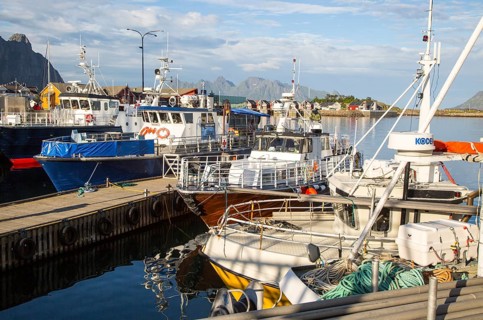 Boats in harbour at Svolvaer, Lofoten Islands, Nordland, Norway, Europe