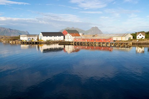 Fish processing buildings at Svolvaer, Lofoten Islands, Nordland, Norway, Europe
