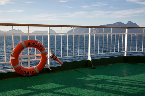 Lofoten Islands, Nordland, northern Norway from 'Nordlys' Hurtigruten ferry ship with life saving