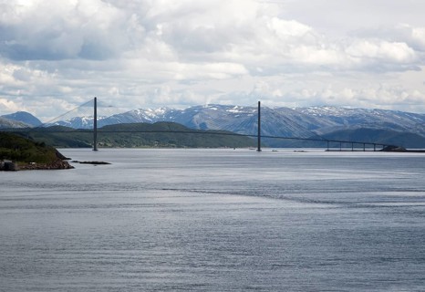Large concrete cantilever road bridge crossing fiord at Helgeland Bridge, Sandnessjoen, Nordland,