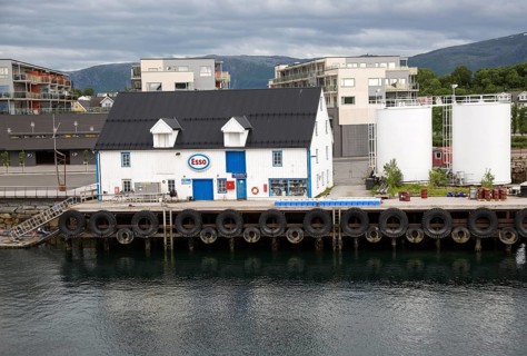 Esso gas petrol station for boats waterside building, Bronnoy, Bronnoysund, Nordland, Norway,