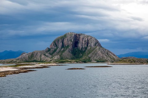 Torghatten granite mountain with a hole through it, Torget island, Brønnøy, Nordland county,