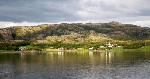 Rural coastal farming landscape near Rorvik, Norway, Europe