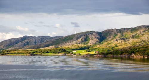 Rural coastal farming landscape near Rorvik, Norway, Europe