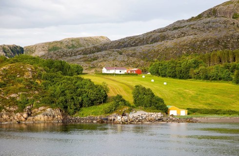 Rural coastal farming landscape near Rorvik, Norway, Europe