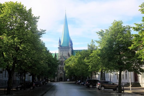 Early morning sunshine on historic cathedral spire, Nidaros Domkirke, Trondheim, Norway, Europe