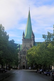 Early morning sunshine on historic cathedral spire, Nidaros Domkirke, Trondheim, Norway, Europe