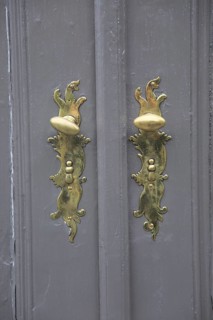 Gold door handles, Stiftsgarden palace in city of Trondheim, Norway, Europe