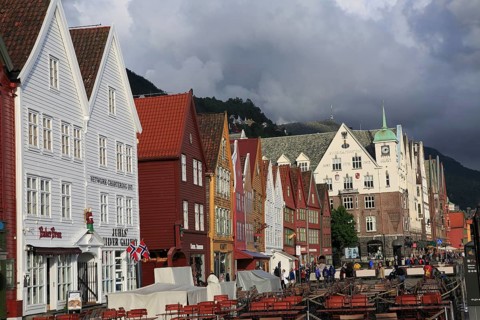 Historic Hanseatic League wooden buildings Bryggen area, Bergen, Norway UNESCO World Cultural