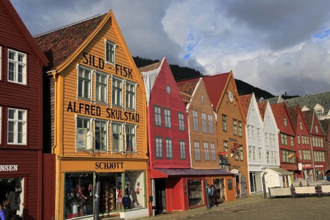 Historic Hanseatic League wooden buildings Bryggen area, Bergen, Norway UNESCO World Cultural