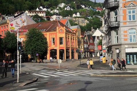 Historic buildings city centre, Kong Oscars gate street, Bergen, Norway, Europe