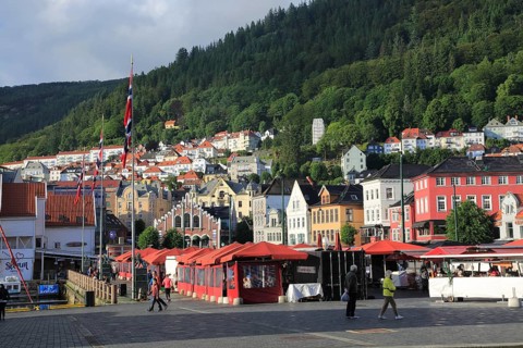 Historic buildings in the Torget fish market square area of Vagen harbour, Bergen, Norway, Europe