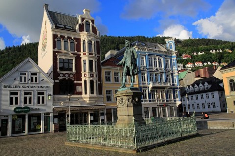 Ludvig Holberg statue in Vågsallmenningen, Bergen, Norway, Europe