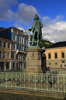 Ludvig Holberg statue in Vågsallmenningen, Bergen, Norway, Europe