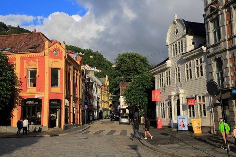 Historic buildings city centre, Kong Oscars gate street, Bergen, Norway, Europe
