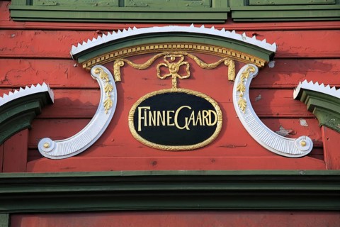Close up of shop sign in Bryggen area, city of Bergen, Norway UNESCO World Cultural Heritage site