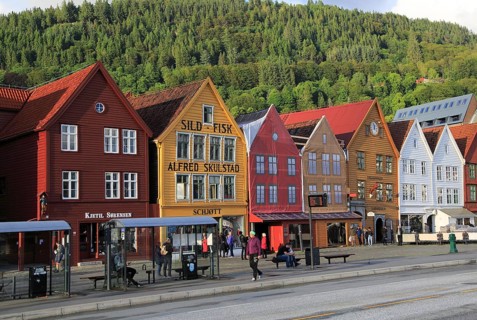 Historic Hanseatic League wooden buildings Bryggen area, Bergen, Norway UNESCO World Cultural