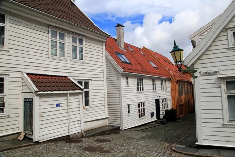 Historic wooden houses in Bekketomten street, Nordnes district, Bergen, Norway, Europe