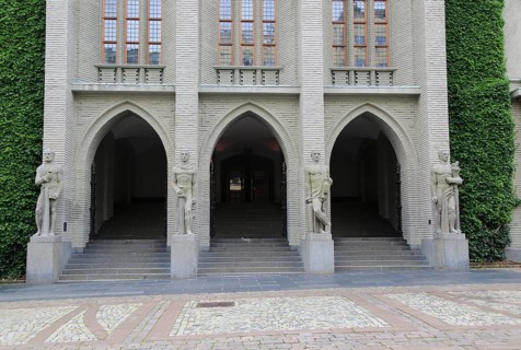 Four cardinal virtues statues outside law court building, city of Bergen, Norway, Europe