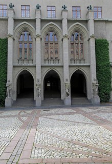 Four cardinal virtues statues outside law court building, city of Bergen, Norway, Europe